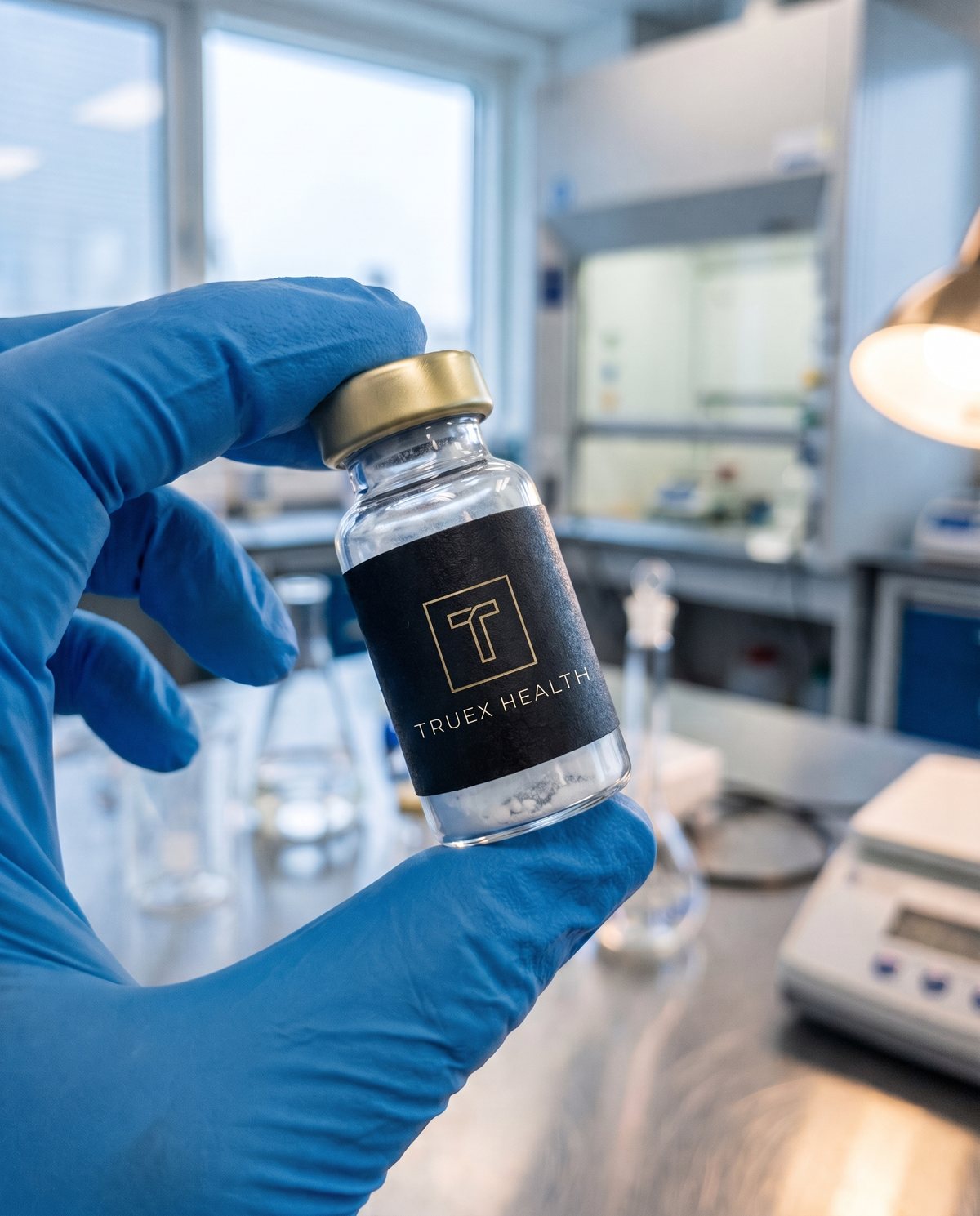 A researcher inspecting a vial